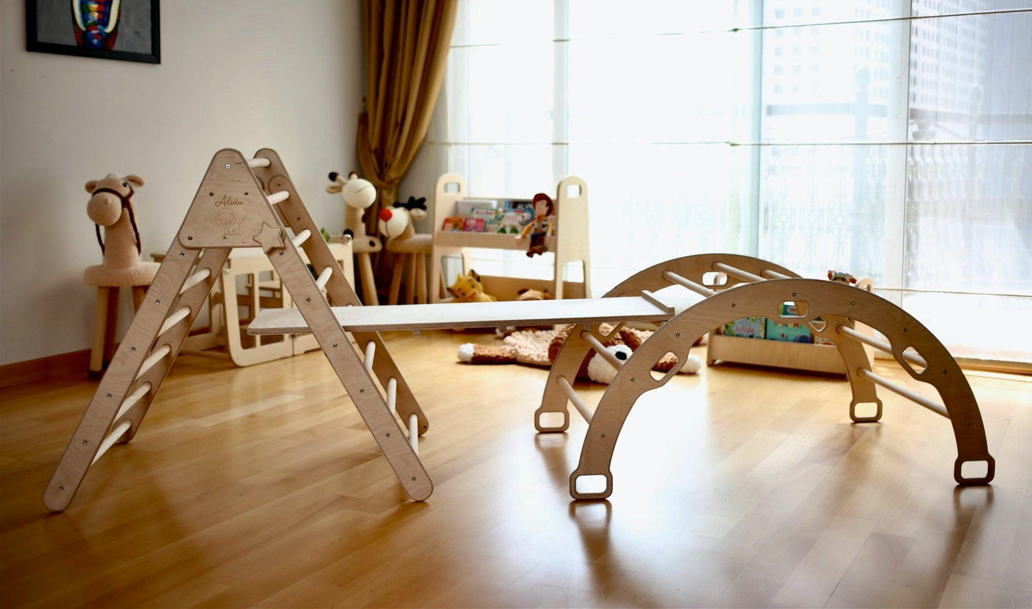 3 Pieces Montessori Climbing Set - Climbing Triangle and Climbing Arch/Rocker and Rockwall/Slider Ramp or Ladder Slider Ramp - Kidodido