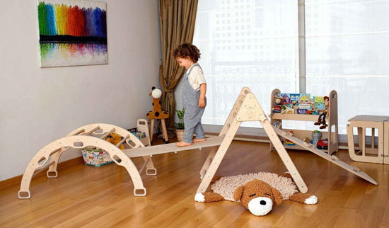 5 Parçalı Montessori Tırmanma Seti - Katlanabilir Tırmanma Üçgeni, Tırmanma Kemeri, XL Organik Yastık, 2 Rampa (Kaya Tırmanışı) & (Merdiven)