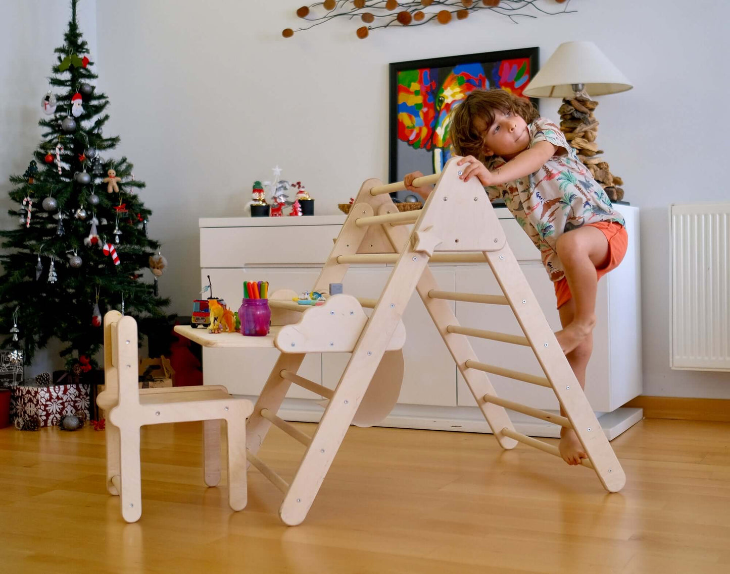 Katlanabilir Montessori Tırmanma Üçgeni Seti - Taşınabilir Çalışma Masası ve Sandalyeli