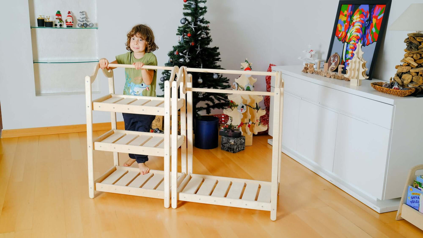 Montessori Ahşap Elbise Askılığı ve Gardırop Seti | Çocuk Kıyafet Düzenleyici