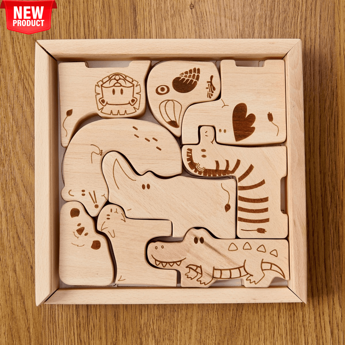 Wooden Safari Animal Puzzle Box for toddlers, featuring handcrafted safari animals in a kid-friendly design.