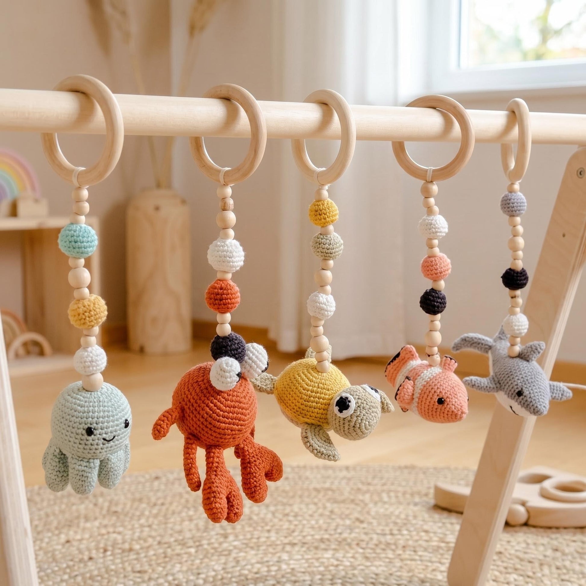 Ahşap bebek oyun gym deniz hayvanları temalı Montessori aktivite standı