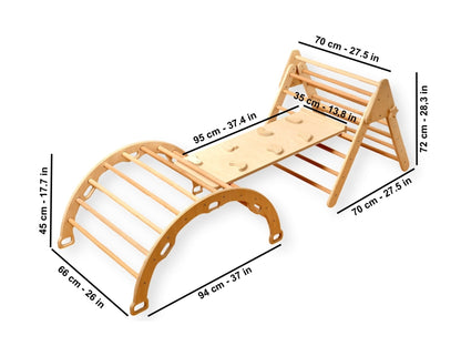 Montessori climbing set with dimensions, including Pikler triangle and climbing arch for toddlers