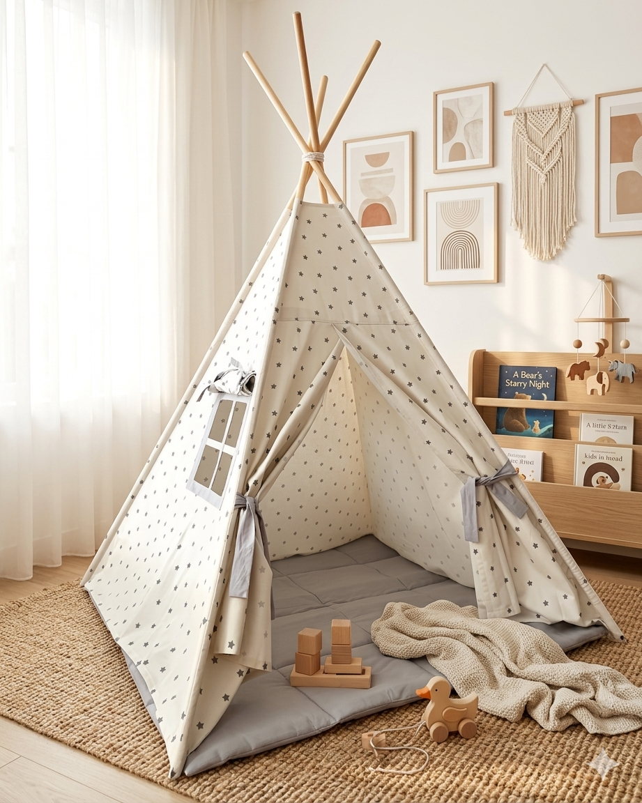 Montessori Çocuk Çadırı | Beyaz Gri Yıldızlı Teepee Oyun Çadırı ve Oyun Matı - Kidoppo