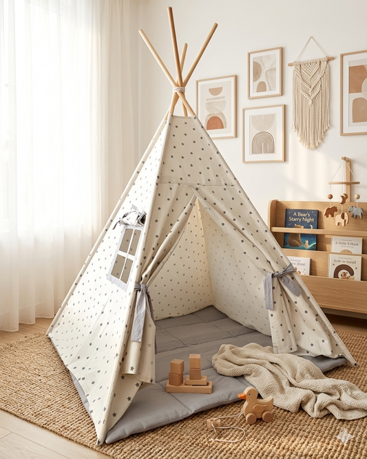Montessori Çocuk Çadırı | Beyaz Gri Yıldızlı Teepee Oyun Çadırı ve Oyun Matı - Kidoppo