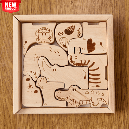 Wooden Safari Animal Puzzle Box for toddlers, featuring handcrafted safari animals in a kid-friendly design.