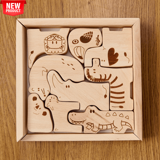 Wooden Safari Animal Puzzle Box for toddlers, featuring handcrafted safari animals in a kid-friendly design.