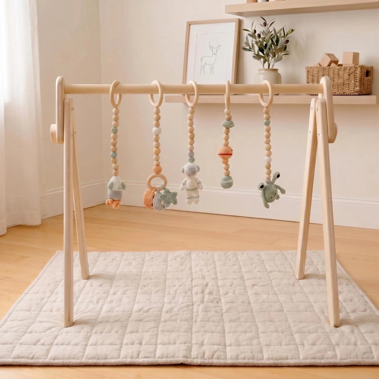 Ahşap bebek oyun gym uzay temalı asılı oyuncaklı Montessori aktivite standı