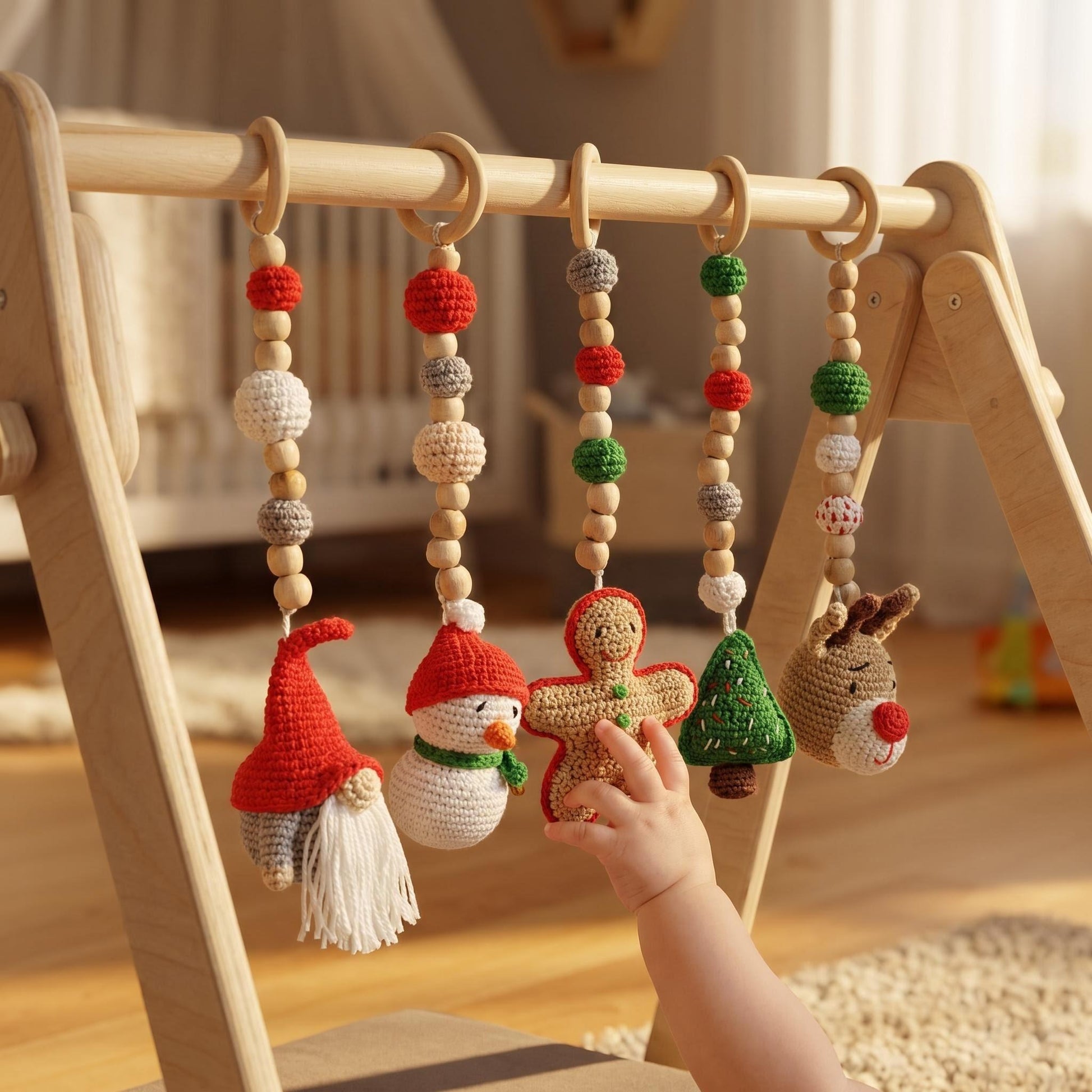 Ahşap bebek oyun gym yılbaşı temalı asılı oyuncaklı Montessori aktivite standı