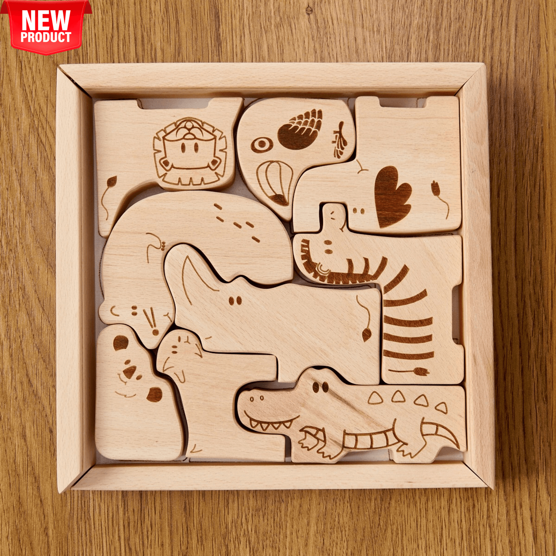 Montessori Ahşap Safari Hayvan Bulmaca Kutusu | 9 Parça Eğitici Puzzle - Kidoppo