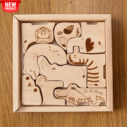 Montessori Ahşap Safari Hayvan Bulmaca Kutusu | 9 Parça Eğitici Puzzle - Kidoppo