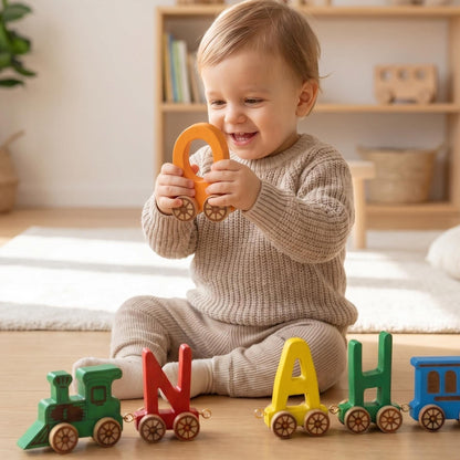 Renkli ahşap isim treni çocuk odası için dekoratif oyuncak
