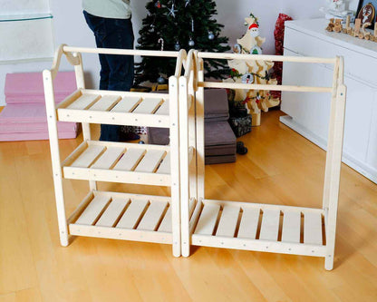 Çocuklar için Montessori gardırop seti açık raflı ahşap kıyafet askılığı