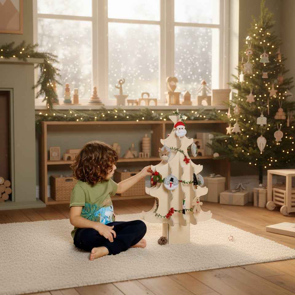 Montessori Ahşap Yılbaşı Ağacı ve Keçe Süsler Seti | Çocuklar İçin Noel Ağacı