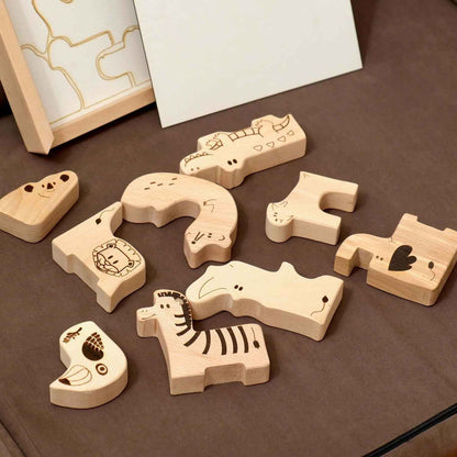 Montessori Ahşap Safari Hayvan Bulmaca Kutusu | 9 Parça Eğitici Puzzle