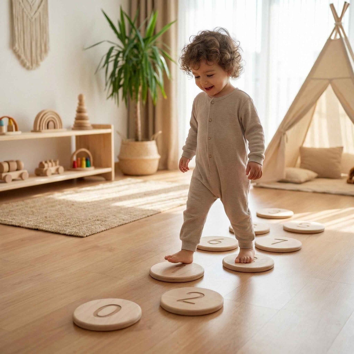 Montessori Ahşap Basamak Denge Taşları | Numaralı ve Şekilli Çocuk Denge Seti