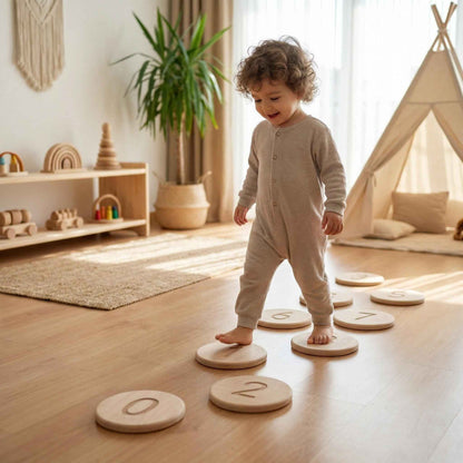Montessori Ahşap Basamak Denge Taşları | Numaralı ve Şekilli Çocuk Denge Seti