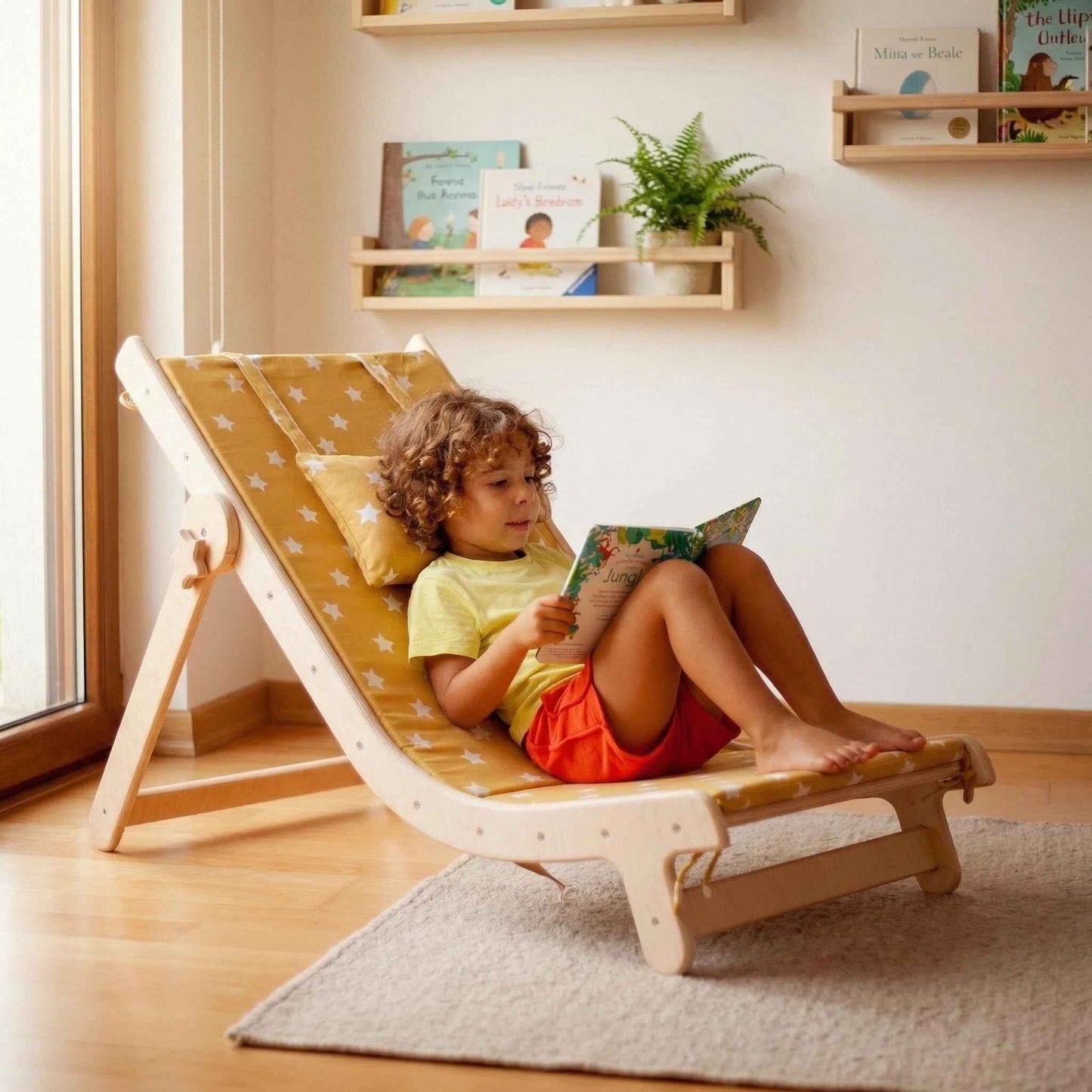 Montessori Ahşap Çocuk Şezlongu | Minderli Ayarlanabilir Çocuk Dinlenme Koltuğu