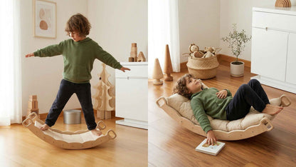 Montessori Ahşap Denge Tahtası ve Yastıklı Sallanma Tahtası | 2’si 1 Arada Waldorf Oyuncak