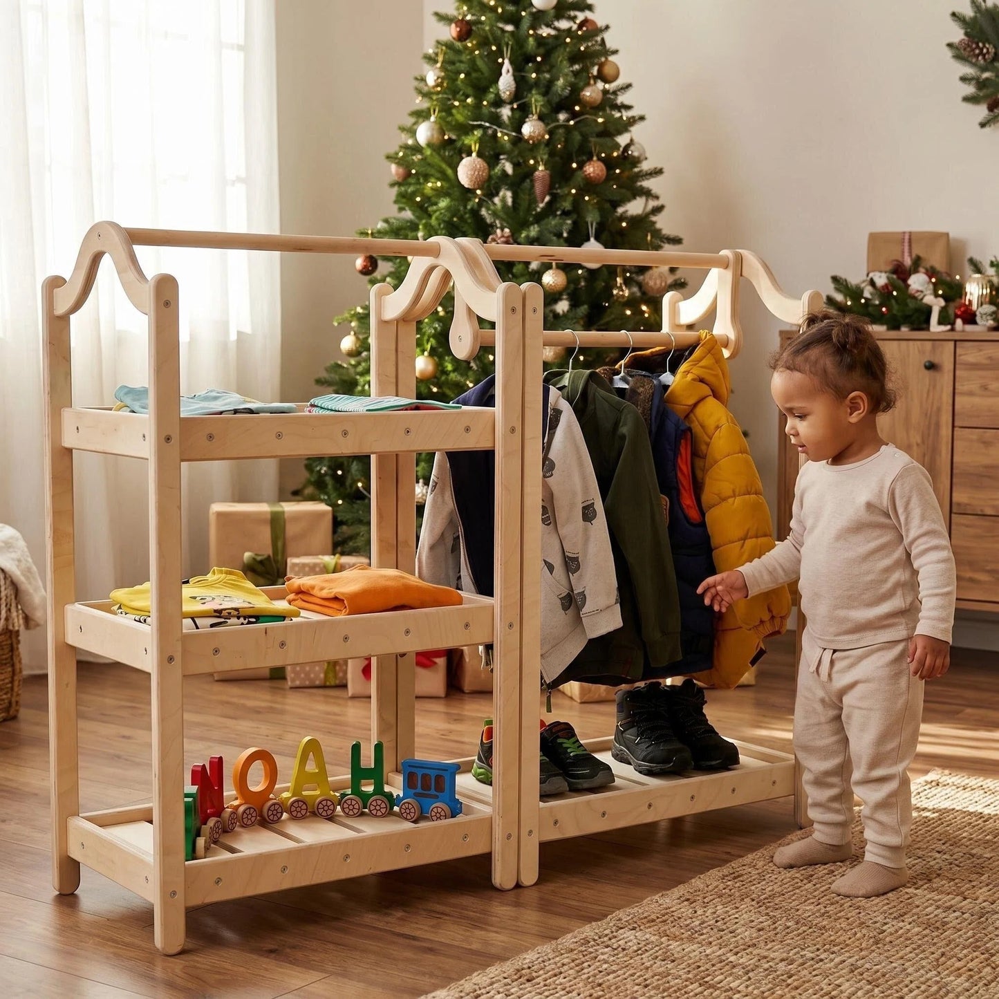 Montessori ahşap elbise askılığı ve gardırop seti çocuklar için kıyafet düzenleyici