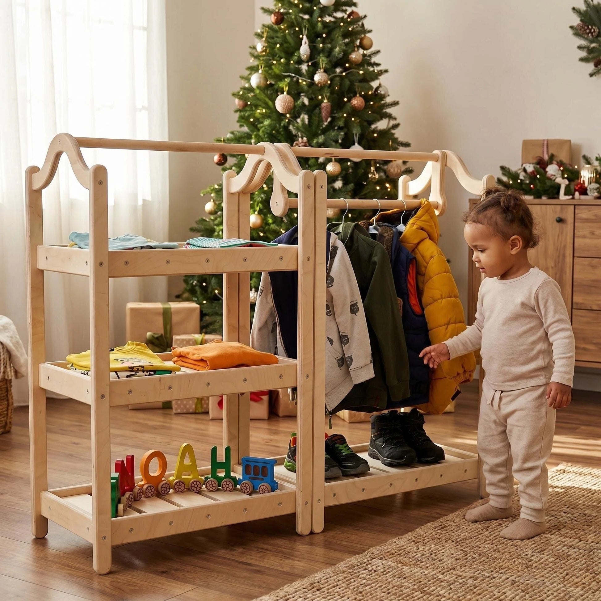 Montessori ahşap elbise askılığı ve gardırop seti çocuklar için kıyafet düzenleyici