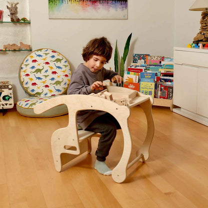 Montessori Ahşap Çocuk Masası ve Sallanan Sandalye | 2’si 1 Arada Tekli Tahterevalli