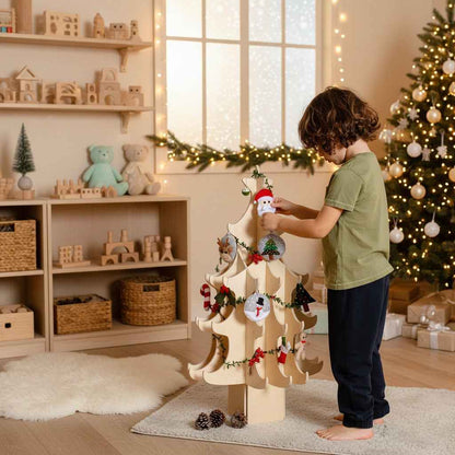Montessori Ahşap Yılbaşı Ağacı ve Keçe Süsler Seti | Çocuklar İçin Noel Ağacı