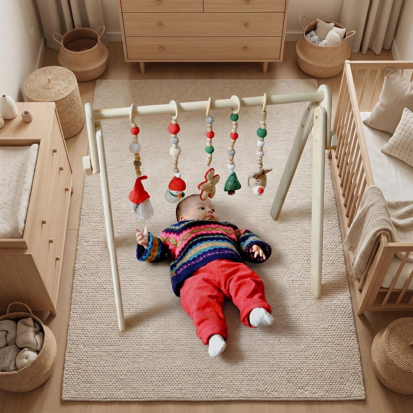 Montessori ahşap bebek oyun jimnastiği yılbaşı oyuncakları temalı asılı aktivite standı