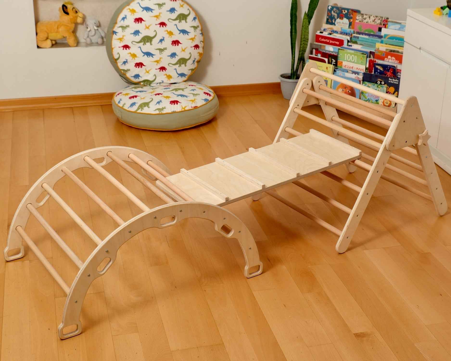 Montessori Tırmanma Seti | Pikler Üçgen, Tırmanma Kemeri, 2’si 1 Arada Rampa ve Yastık
