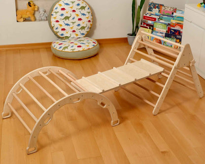 Montessori Tırmanma Seti | Pikler Üçgen, Tırmanma Kemeri, 2’si 1 Arada Rampa ve Yastık