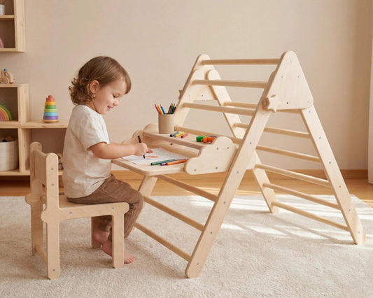 Montessori Pikler üçgeni ve aktivite masası seti sandalyeli katlanabilir çocuk çalışma alanı