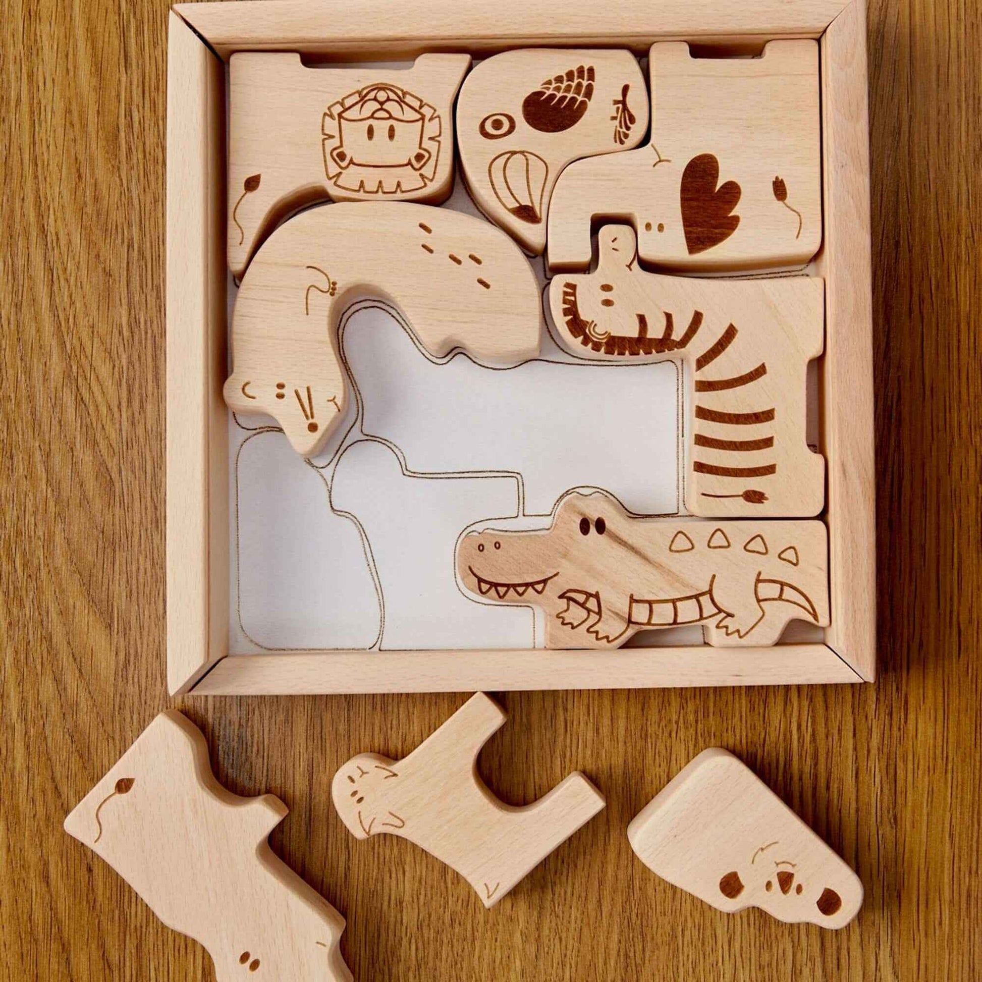 Montessori Ahşap Safari Hayvan Bulmaca Kutusu | 9 Parça Eğitici Puzzle