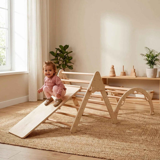Montessori Tırmanma Seti | Pikler Üçgen, Tırmanma Kemeri, 2’si 1 Arada Rampa ve Yastık