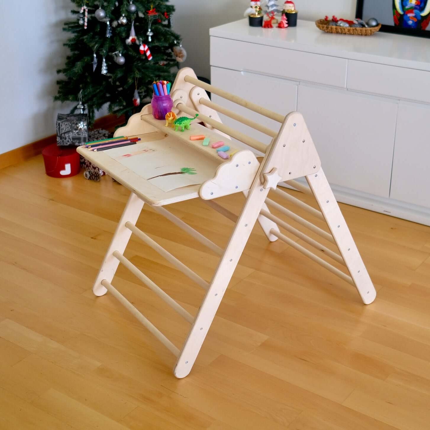 Montessori ahşap tırmanma üçgeni aktivite masası ve çocuk sandalyesi