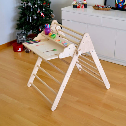 Montessori ahşap tırmanma üçgeni aktivite masası ve çocuk sandalyesi