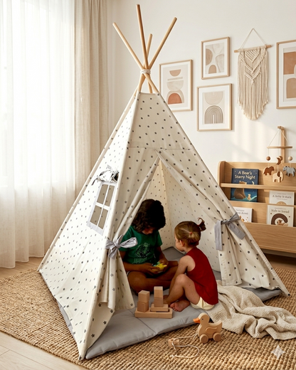Montessori Çocuk Çadırı | Beyaz Gri Yıldızlı Teepee Oyun Çadırı ve Oyun Matı - Kidoppo