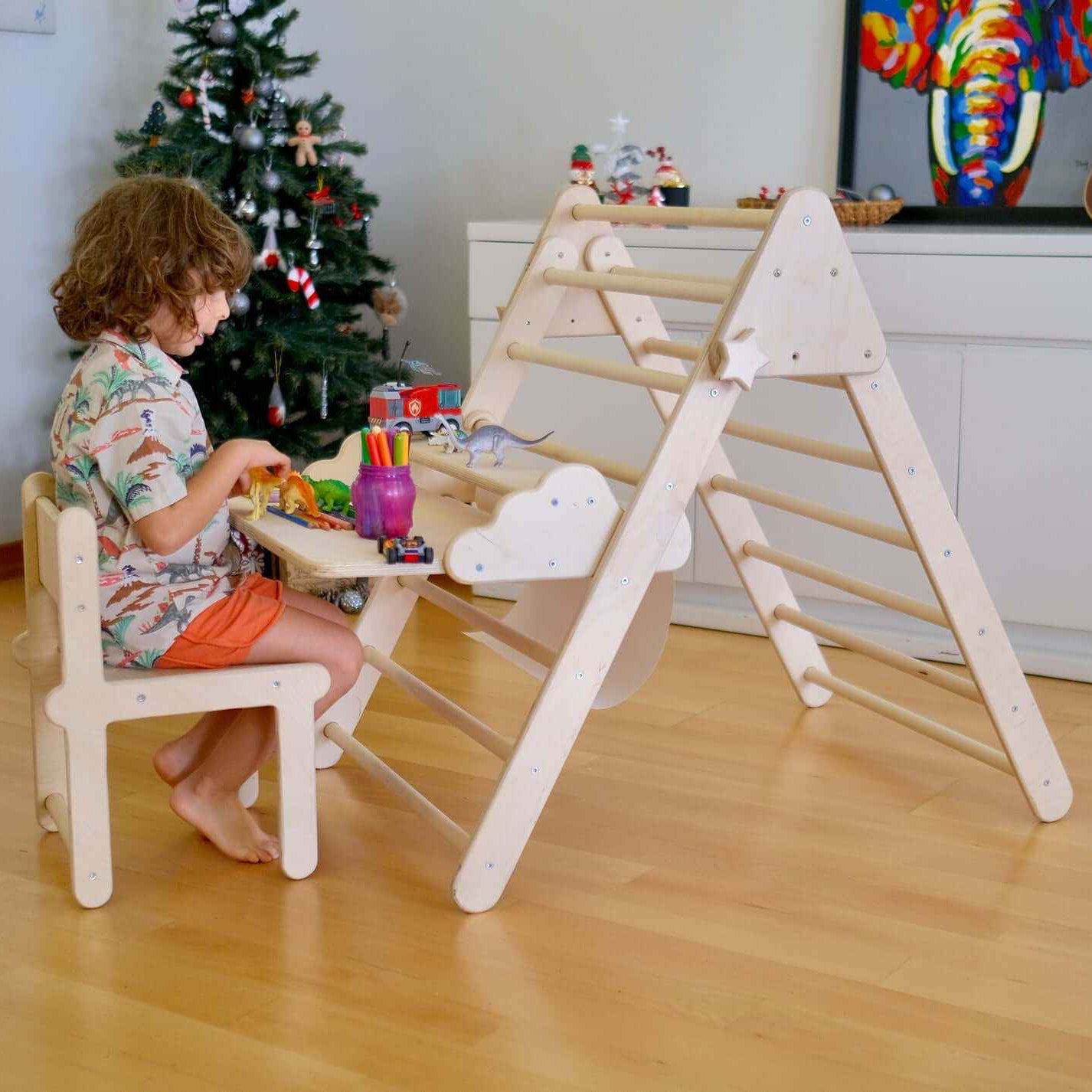 Katlanabilir çocuk çalışma alanı Montessori Pikler üçgeni ile masa seti
