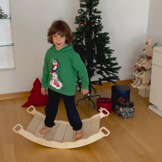 Kidoppo ahşap rocker board yastıklı duyusal oyuncak ve denge tahtası