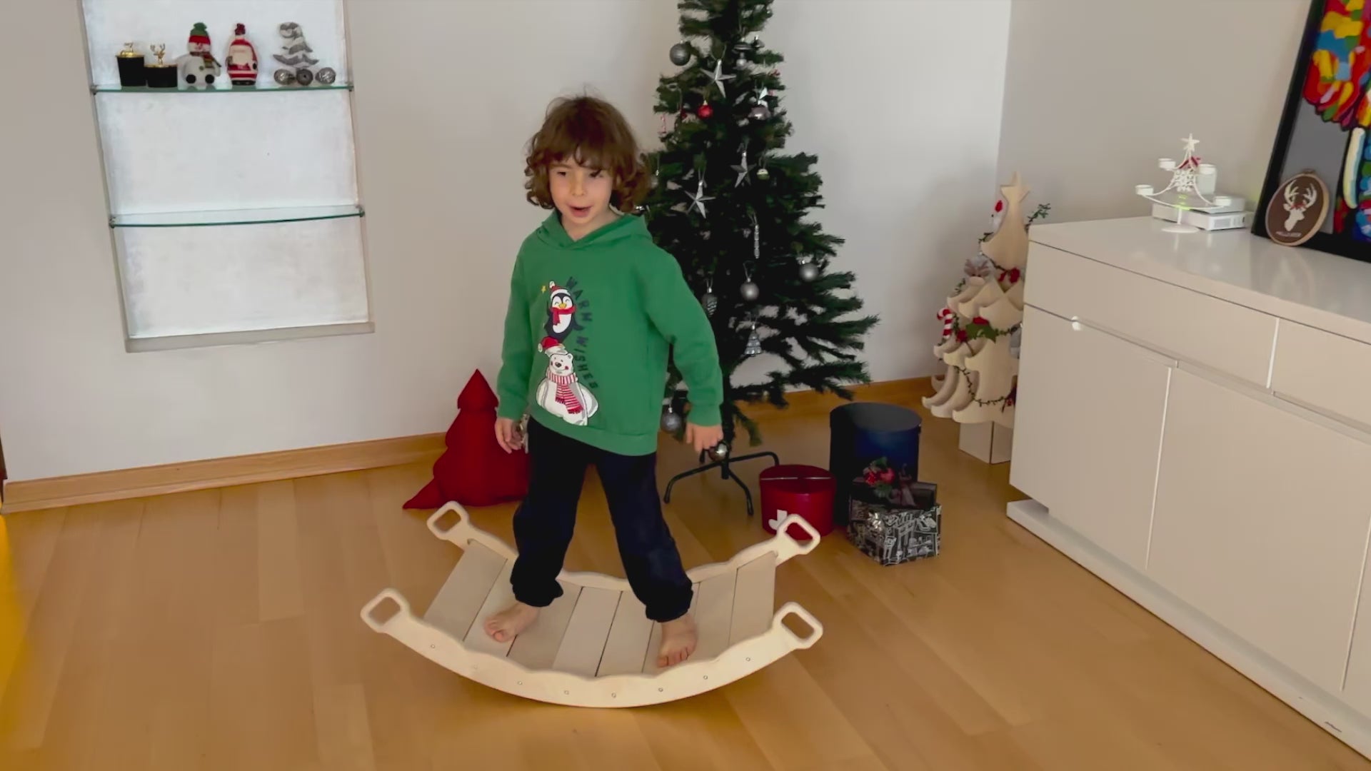 Kidoppo ahşap rocker board yastıklı duyusal oyuncak ve denge tahtası