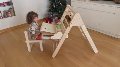 Ahşap resim masası aparatı ile Montessori Pikler üçgeni kullanım alanı