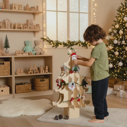 Montessori Ahşap Yılbaşı Ağacı ve Keçe Süsler Seti | Çocuklar İçin Noel Ağacı