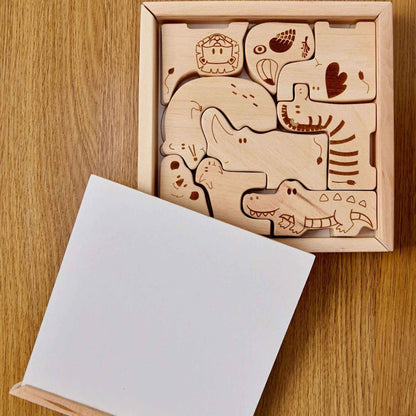 Montessori Ahşap Safari Hayvan Bulmaca Kutusu | 9 Parça Eğitici Puzzle