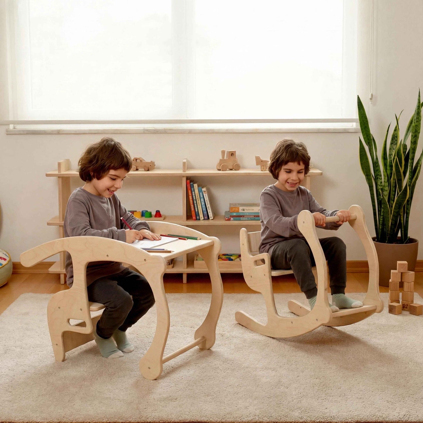 Montessori Ahşap Çocuk Masası ve Sallanan Sandalye | 2’si 1 Arada Tekli Tahterevalli