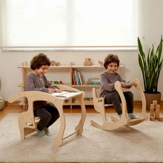 Montessori Ahşap Çocuk Masası ve Sallanan Sandalye | 2’si 1 Arada Tekli Tahterevalli