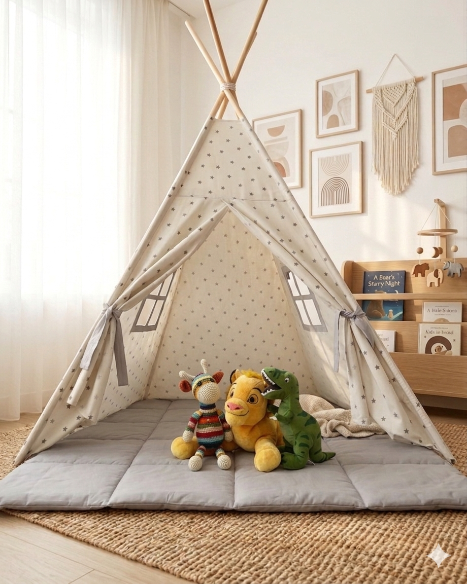 Montessori Çocuk Çadırı | Beyaz Gri Yıldızlı Teepee Oyun Çadırı ve Oyun Matı