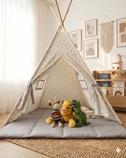Montessori Çocuk Çadırı | Beyaz Gri Yıldızlı Teepee Oyun Çadırı ve Oyun Matı