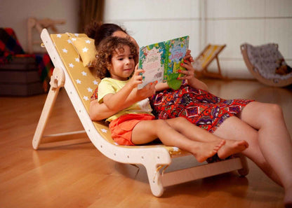 Montessori Ahşap Çocuk Şezlongu | Minderli Ayarlanabilir Çocuk Dinlenme Koltuğu