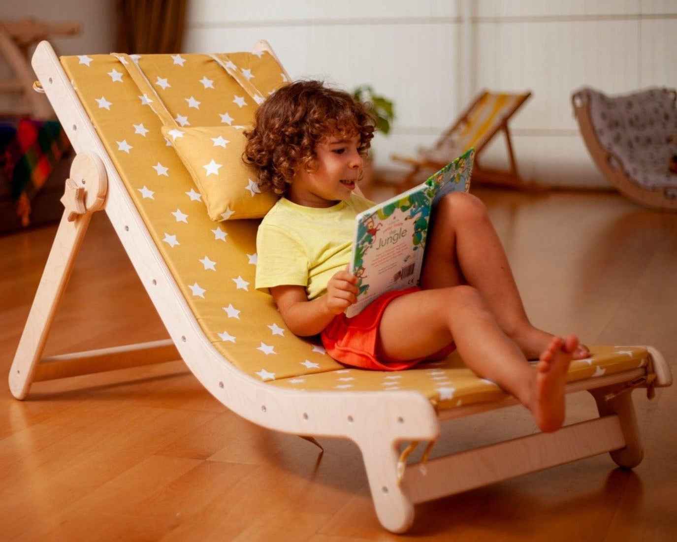 Montessori Ahşap Çocuk Şezlongu | Minderli Ayarlanabilir Çocuk Dinlenme Koltuğu